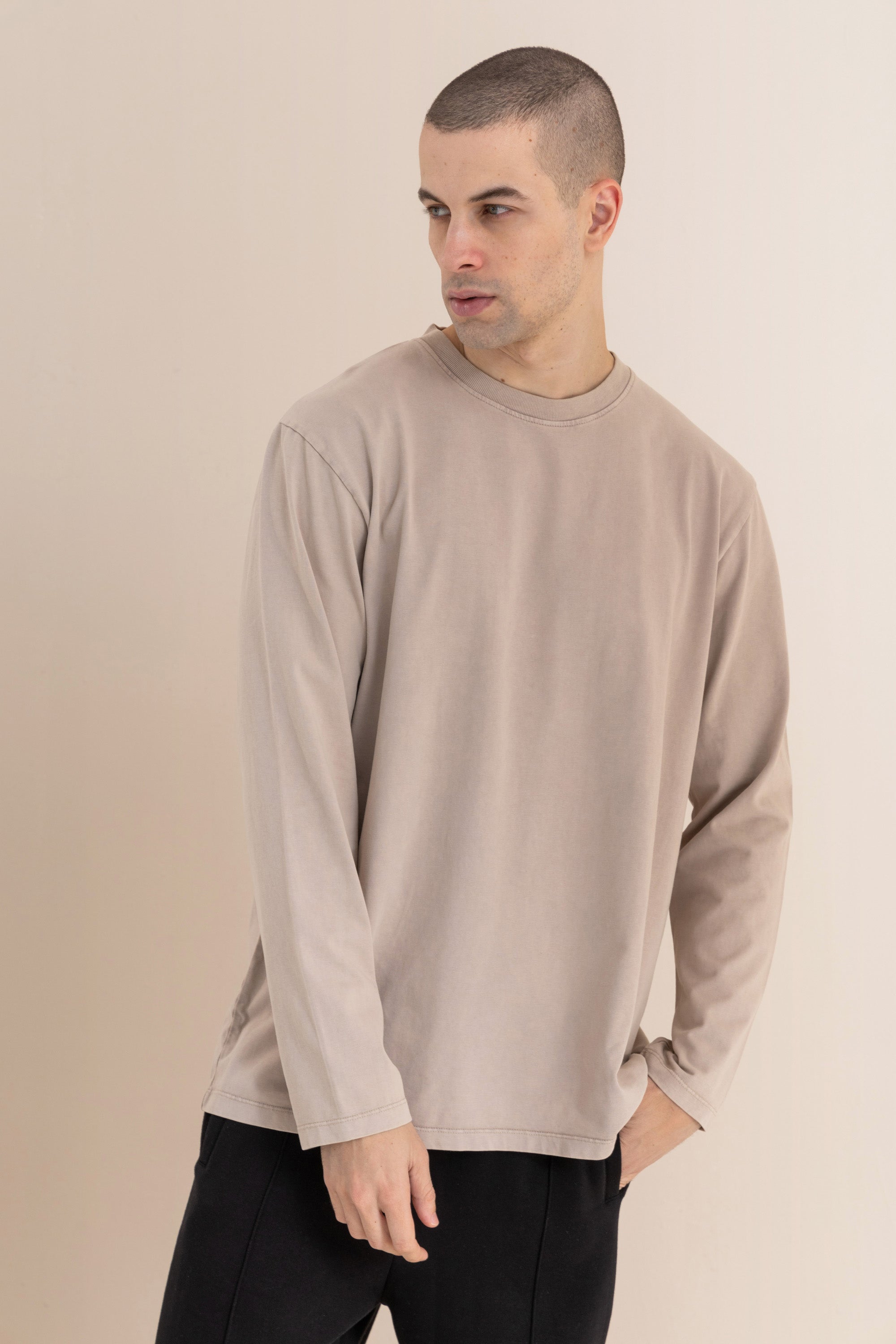 Beige Acid Wash Long Sleeve T-Shirt