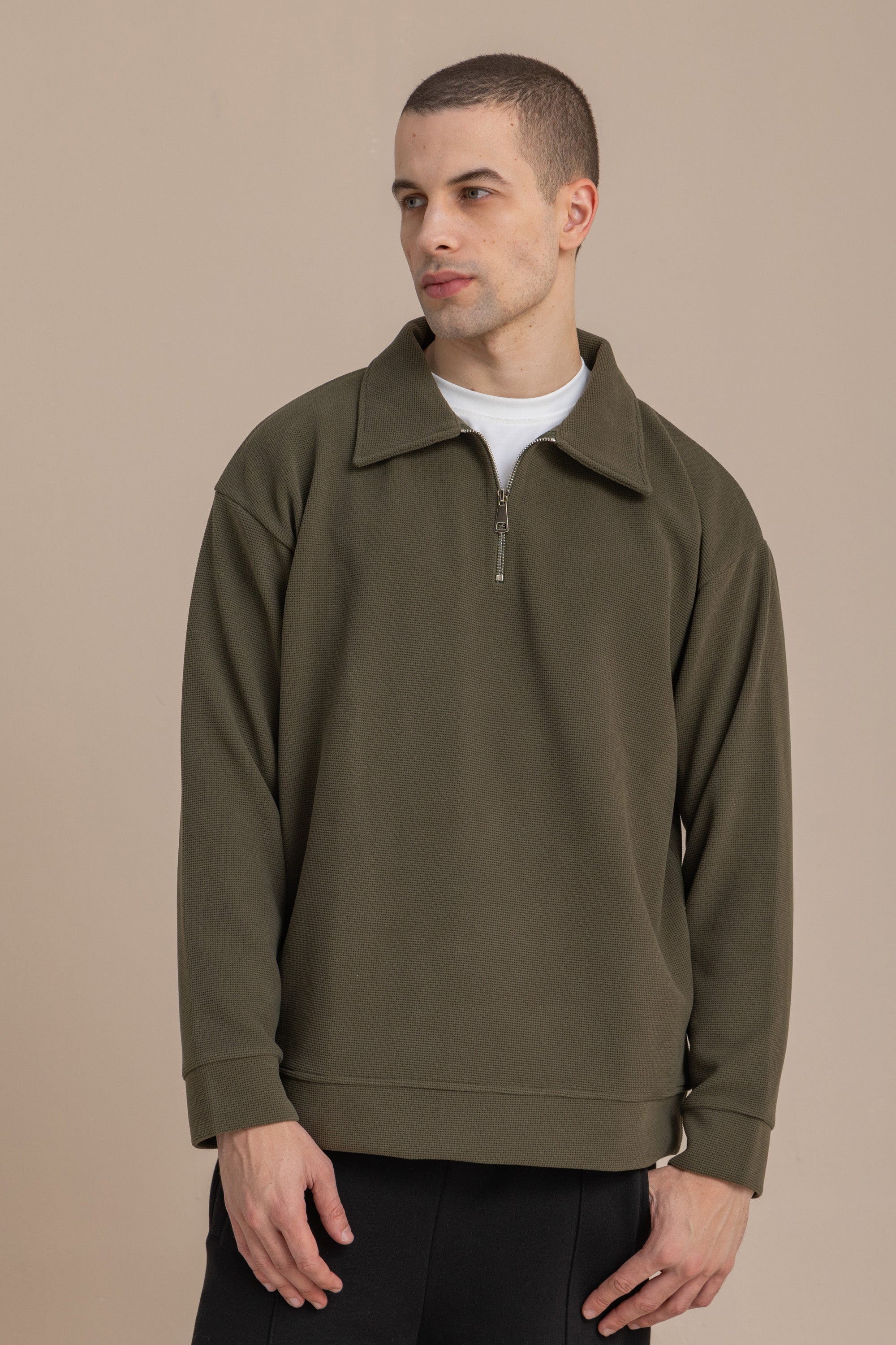 Olive Textured Quarter Zipper