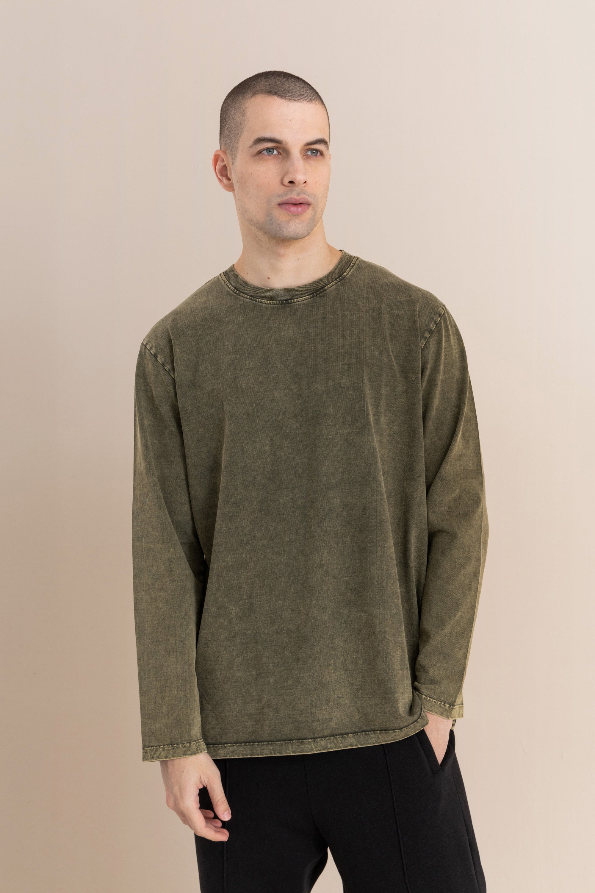 Olive Acid Wash Long Sleeve T-Shirt