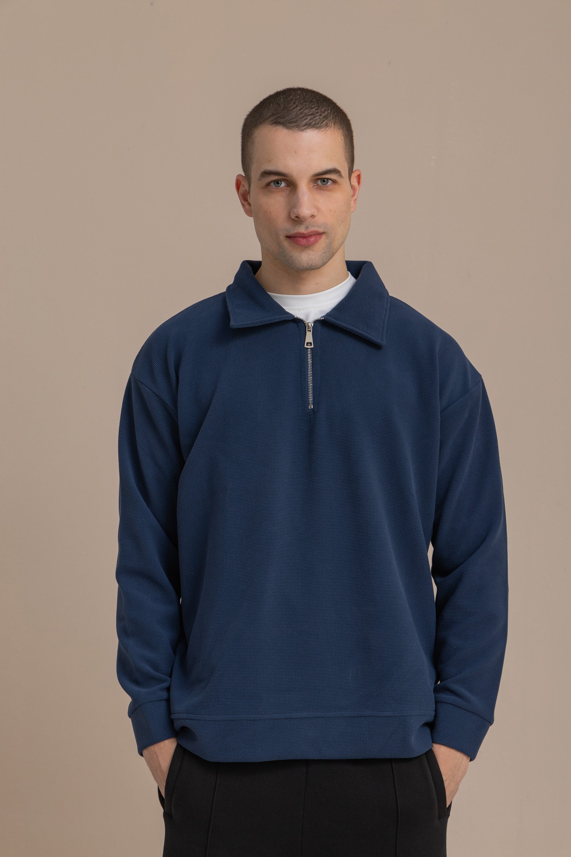 Navy Textured Quarter Zipper