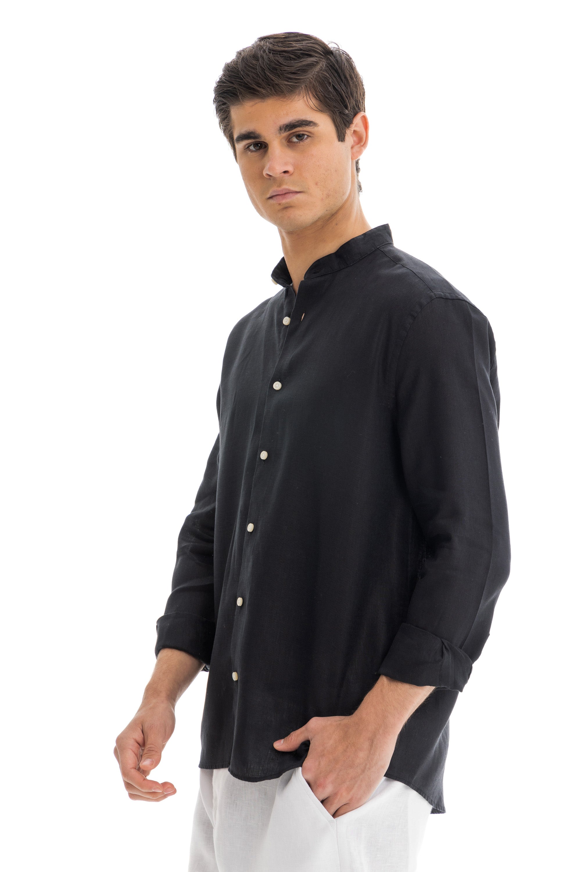 Black Semi Collar Linen Shirt Black Semi Collar Linen Shirt